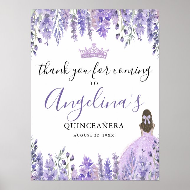 Póster Floral Purple Quinceanera Gracias Rótulo (Frente)
