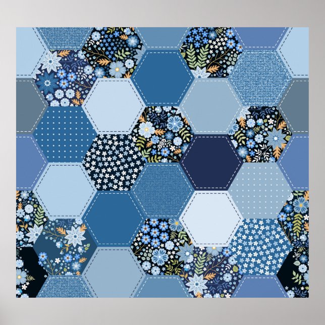 Póster Floral, retazos denim: patrón azul. (Frente)