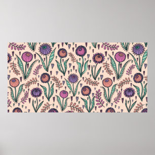 Póster Floral retro de los años 60. Ilustracion pintado a