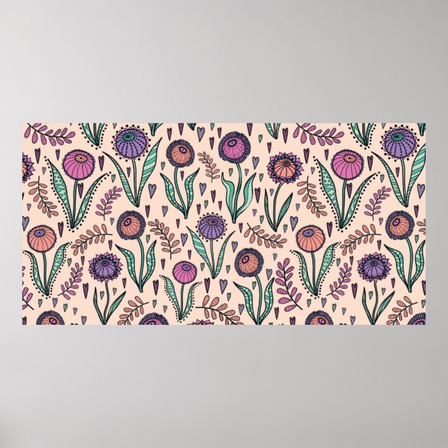 Póster Floral retro de los años 60. Ilustracion pintado a (Frente)