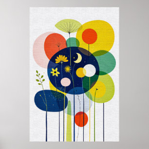 Póster Floral Retro Vibrante Boho Chic Abstracto Oscuro