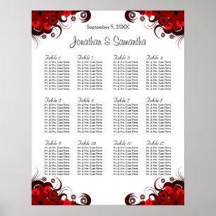 Póster Floral roja y blanca 12 mesas Bodas