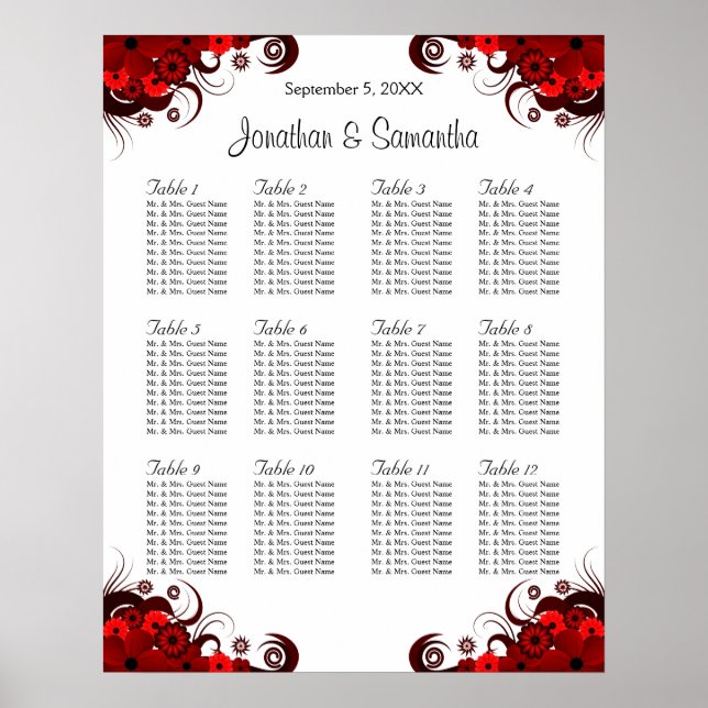 Póster Floral roja y blanca 12 mesas Bodas (Frente)