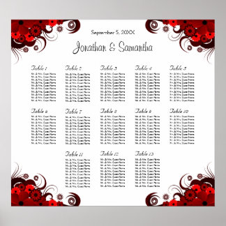 Póster Floral roja y blanca 13 mesas Bodas