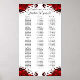 Póster Floral roja y blanca 15 mesas Bodas