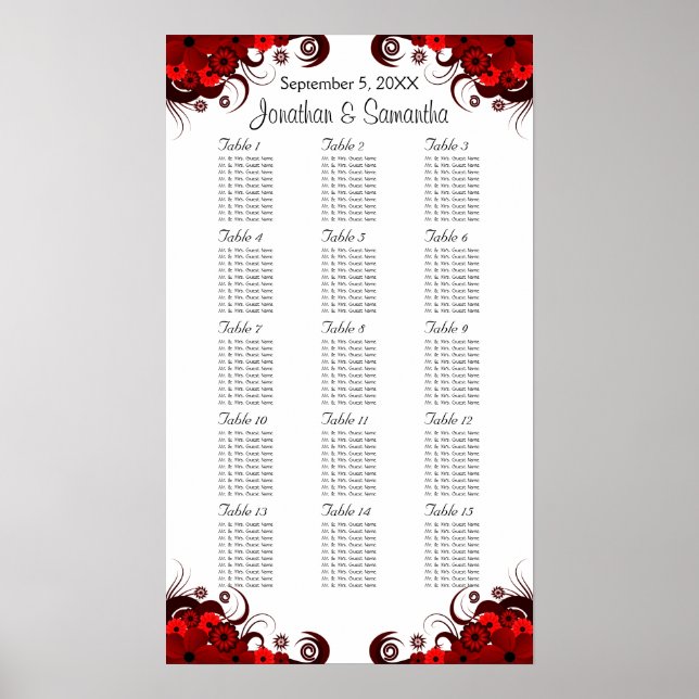 Póster Floral roja y blanca 15 mesas Bodas (Frente)