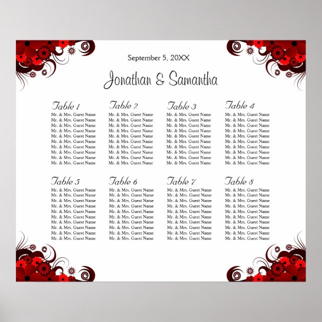 Póster Floral roja y blanca 8 mesas Bodas (Frente)