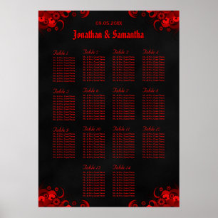 Póster Floral roja y negra 14 mesas Bodas