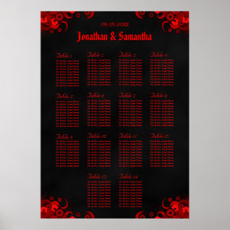 Póster Floral roja y negra 14 mesas Bodas