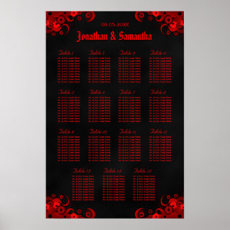Póster Floral Rojo y Negro 15 Tablas Bodas Tabla de asien