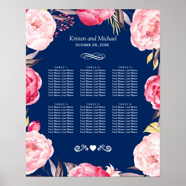Póster Floral rosa 6 Tablas Tabla de asientos Boda (Frente)