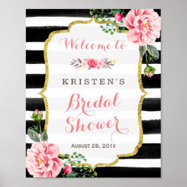 Póster Floral rosa Black White Stripes Bridal Shower Rótu