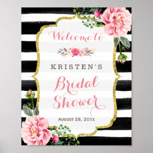 Póster Floral rosa Black White Stripes Bridal Shower Rótu