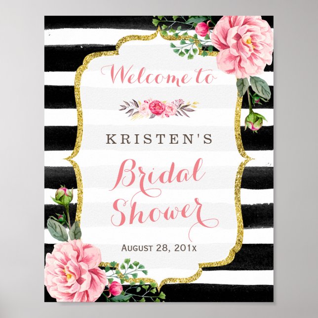 Póster Floral rosa Black White Stripes Bridal Shower Rótu (Frente)