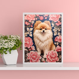 Póster Floral rosa de perro de Pomerania