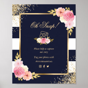 Póster Floral rosa dorada azul de la marina Oh Rótulo Bod
