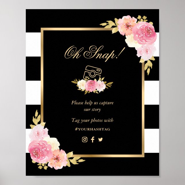 Póster Floral rosa dorada negra Oh Rótulo Boda Snap (Frente)