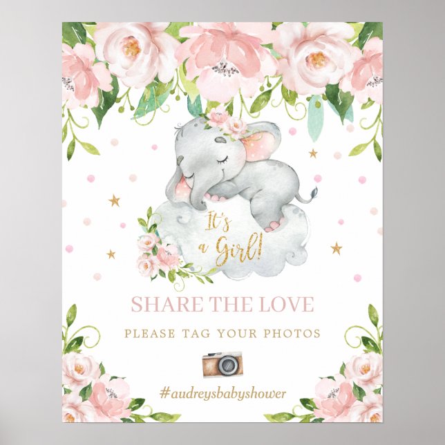 Póster Floral rosa elefante comparte tu foto con la etiqu (Frente)