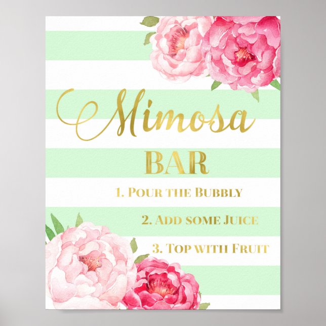 Póster Floral rosa Mimosa Bar Rótulo Tiras Mint de oro (Frente)