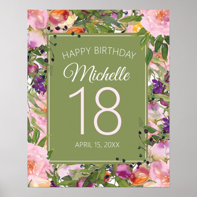 Póster Floral Rosa Púrpura Hojas Verdes Cumpleaños 18 (Frente)