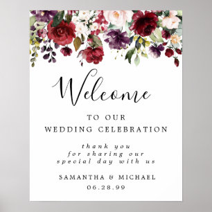 Póster Floral rosa roja bienvenida a nuestro Rótulo Boda
