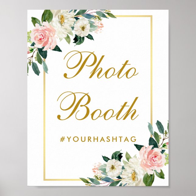 Póster Floral Rosa Rubor Gold Boda Photo Booth (Frente)