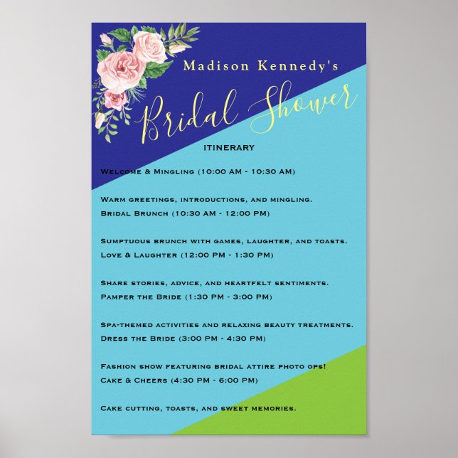 Póster Floral 🌸 rosa suave ducha de novia Itinerario (Frente)