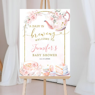 Póster Floral rosa: un bebé está preparando un signo de b