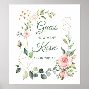 Póster Floral rosa, verde adivina cuántos besos juegan