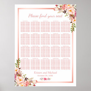 Póster Floral Rose Gold 20 Tables Wedding Seating Chart