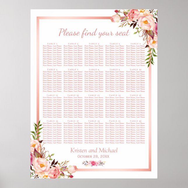 Póster Floral Rose Gold | 20 Tables Wedding Seating Chart (Frente)