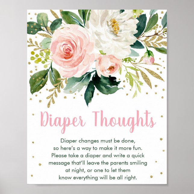 Póster Floral Rubor Gold Diaper Thoughts Baby Shower Game (Frente)