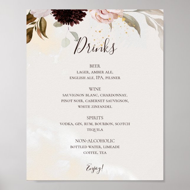 Póster Floral Rubor moderna | Menú de bebidas acuáticas (Frente)