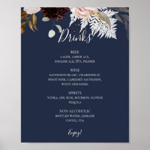 Póster Floral Rubor moderna   Menú de bebidas de Bodas de
