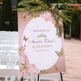 Póster Floral Rubor Pink Gold Tiara Butterfly Quinceañera