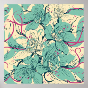 Póster floral seamless pattern with blue orchidsfashion,