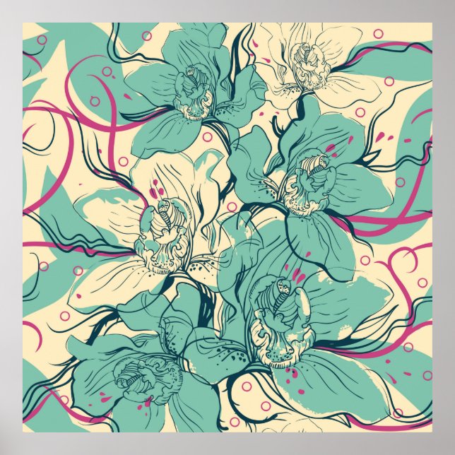 Póster  floral seamless pattern with blue orchidsfashion, (Frente)