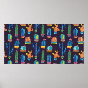 Póster floral seamless pattern with cute cactuses on the 