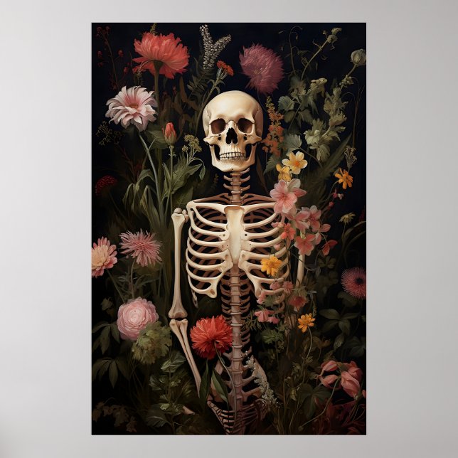 Póster Floral Skeleton Gothic Portrait Print, Dark (Frente)