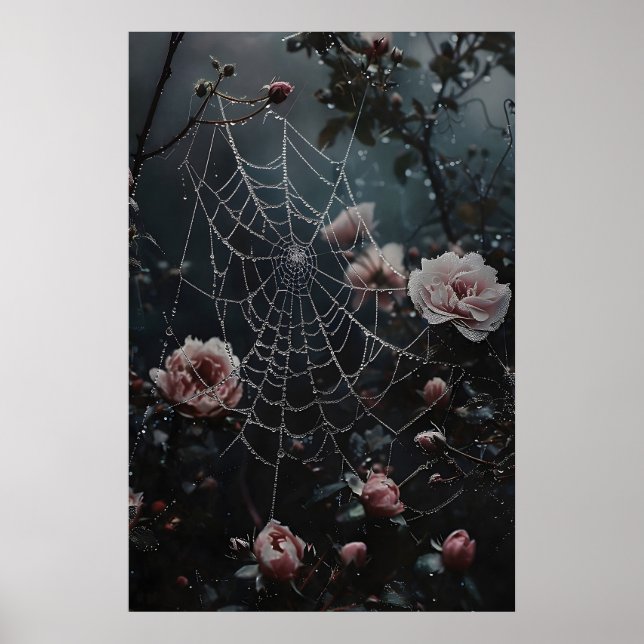 Póster Floral Spider Web Print, Flowers In Cobweb Print (Frente)