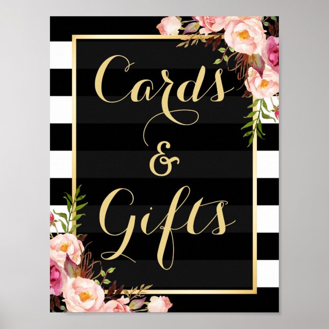 Póster Floral Stripes Gold | Cards and Gifts Wedding Sign (Frente)
