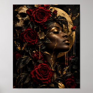 Póster Floral Surrealista Reina Negra Hoja de Oro y Rosas