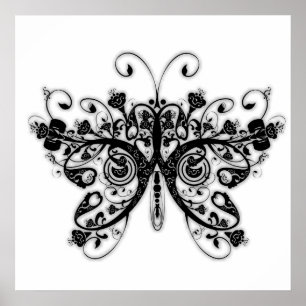 Póster Floral Swirls Butterfly - Blanco y negro
