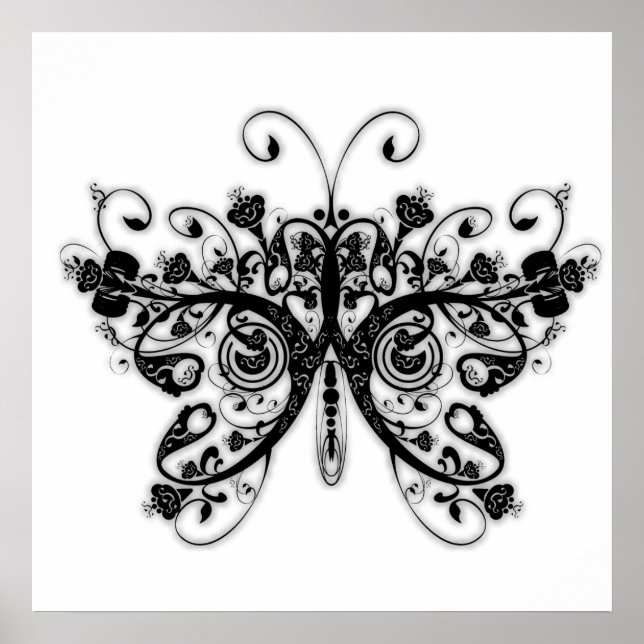 Póster Floral Swirls Butterfly - Blanco y negro (Frente)