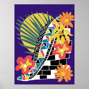 Póster Floral Tropical Audaz Mosaico Negro Blanco sobre Í