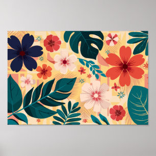 Póster Floral tropical con hojas y flores audaces