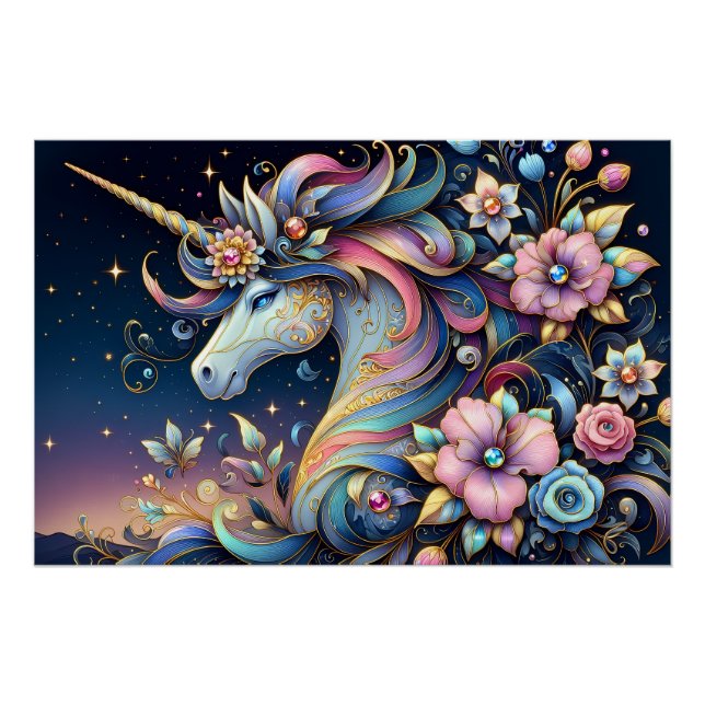 Póster Floral Unicorn Night Fantasy (Anverso)