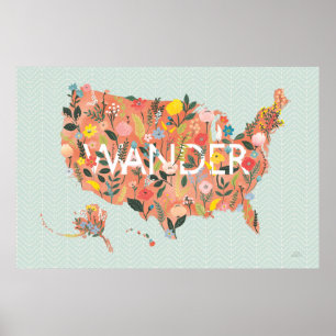 Póster Floral USA Map - Wild Garden