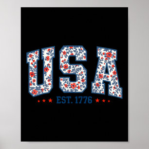 Póster Floral Usa Retro América 4 De Julio Patriótico Chi