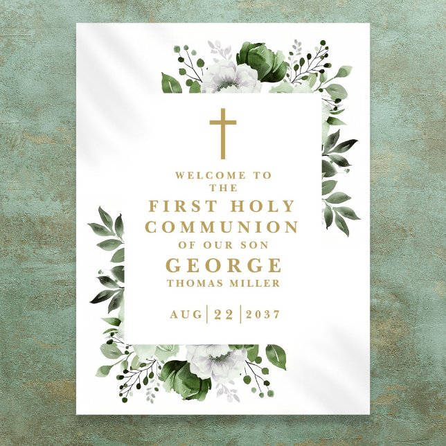 Póster Floral verde primer signo de bienvenida de la Sant (Green Floral First Holy Communion Welcome Sign)